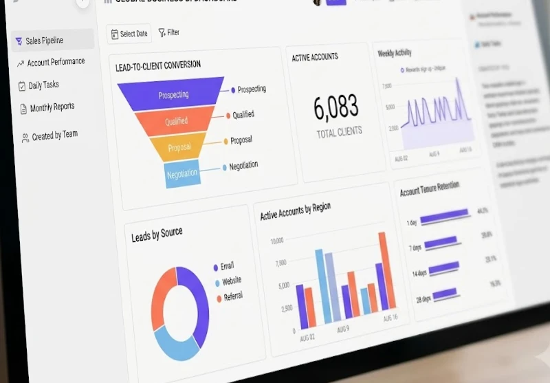 Captura de pantalla de un panel de inteligencia de negocios con gráficos analíticos y embudo de conversión